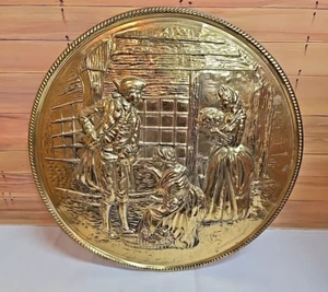 Vintage 11" Brass 3D Relief Wall Decoration; Three Colonial People - Picture 1 of 6