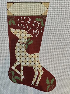 Alice Peterson Hand Painted Needlepoint Canvas Stocking Reindeer And Holly 19.5” - Image 1 of 4