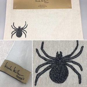 x4 Nicole Miller Halloween Black Spider Placemat Set Tan Silver Shimmer Decor - Picture 1 of 7