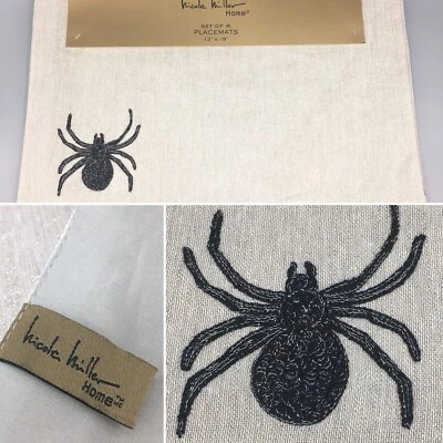 x4 Nicole Miller Halloween Black Spider Placemat Set Tan Silver Shimmer Decor - Image 1 of 4