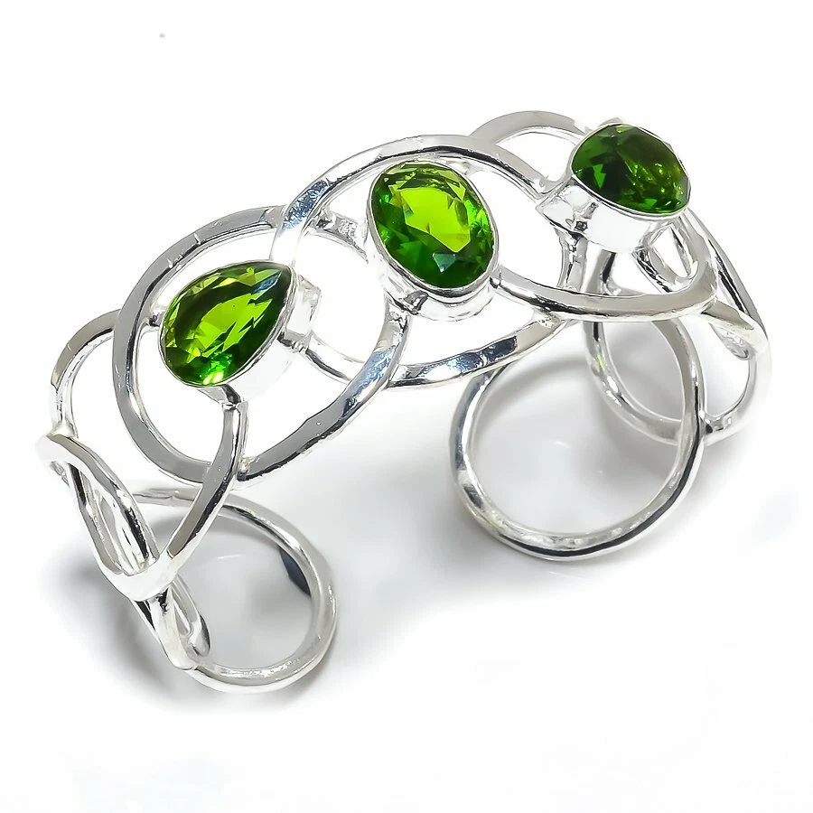 Green Peridot Gemstone Handmade 925 Sterling Silver Jewelry Bangle Size 7-8" - Image 1 of 1
