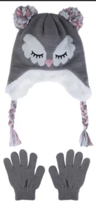 Girls Elli by Capelli Sleepy Owl Knit Earflap Hat & Magic Gloves Set Size S/M - Picture 1 of 4