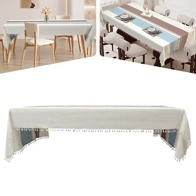 118*55" Coffee+Blue Rectangular Tablecloth Stripes Table Cover W/tassel Napkins - Image 1 of 4