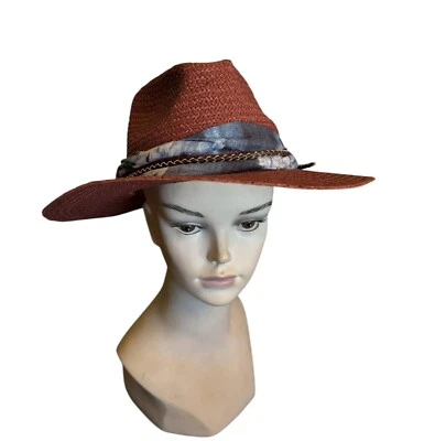 Brittoli Cowgirl Hat Raffia Straw Red Brown Festival Concert Medium - Image 1 of 4