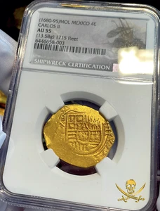 1715 FLEET MEXICO 1693 JEWELED CROSS 4 ESCUDOS NGC55 PIRATE GOLD COINS TREASURE - Picture 1 of 12
