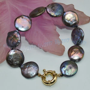 16-18mm Genuine Natural Akoya Coin Black Freshwater Cultured Pearl Bracelet 8'' - Picture 1 of 3