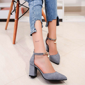 Womens Block Heel Sandals Pumps Suede Pointed Toe High Heels Ankle Strap Shoes