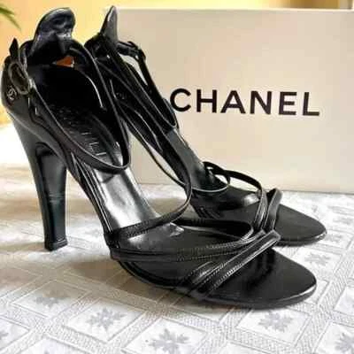CHANEL VTG BLACK LEATHER STRAPPY SANDALS 4” HIGH HEEL sz 38.5/ 8 US - Image 1 of 4