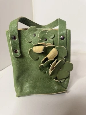 Bolso de Mano Nannini Verde Grueso Cuero Cremoso Adorno Flores Italia Hecho a Mano Foto 1 de 4