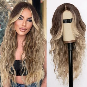 Ombre Dirty Blonde Wig for Women, Long Wavy Lace Hairline Middle Part Synthet... - Picture 1 of 7