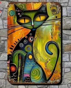 Retro Abstract Cat Metal Wall Art Sign Colorful Tin Plate Home Decor Gift 8x12 - Picture 1 of 10