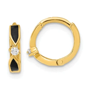 14K Solid Yellow Gold CZ Onyx Round Huggie Small Hoop Earrings - Picture 1 of 10