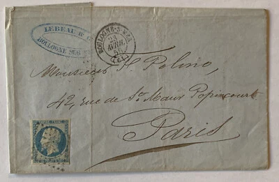 1855 FRANCIA CARTA PORTADA BOLONIA A PARÍS CON CALAIS CANCELAR IMPERF SELLO 20C Foto 1 de 4