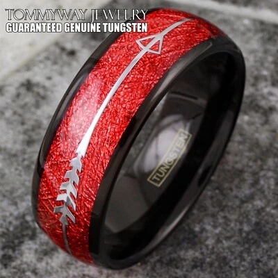 Black Tungsten Men's Ring Faux Red Meteorite w/ Silver Arrow Wedding Band - Image 1 of 4