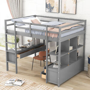 Loft Bed with Built-in Desk and Storage Shelves with Drawers Wood Loft Bed Frame