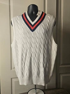 Vintage Polo Ralph Lauren Cable Knit Cricket Vest Jumper White Men's Large - Picture 1 of 8