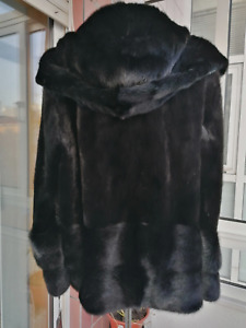 Genuine NERZ MINK НОРКА fur coat from transverse plates with hood .