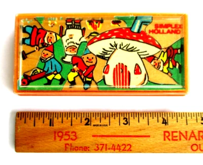 Vtg Simplex Holland 7-Piece Miniature Wooden Puzzle in Case; Mushroom, Gnomes - Image 1 of 4
