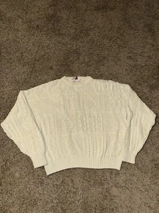 Heather & Tweed weißer 3D Zopfmuster symmetrischer Cosby Pullover Gr. M / XL Vintage - Bild 1 von 12