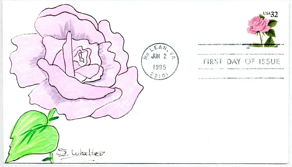 #2492 PINK ROSE STAMP FIRST DAY OF ISSUE HAND PAINTED FIRST DAY COVER FDC - Image 1 of 1