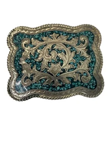 Silver Tone Faux Turquoise Belt Buckle Inlay Square Floral Filigree - Picture 1 of 7