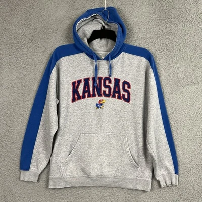 Sudadera con Capucha KU Jayhawks Adulto Mediana Gris Azul Kansas Spellout Distressed Foto 1 de 4