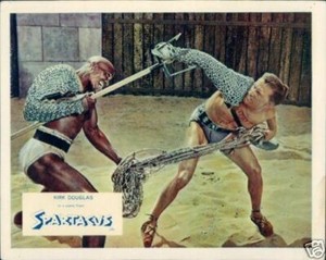 SPARTACUS KIRK DOUGLAS WOODY STRODE LOBBY CARD FIGHT SCENE ORIGINAL CLASSIC