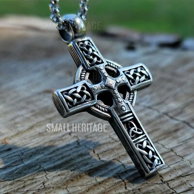 Small Heritage Celtic Irish Cross Necklace Stainless Steel Norse Viking Knot Men - Image 1 of 4