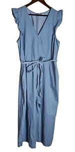 Old Navy Blue Jean Chambray Jumpsuit Size XL Pockets Belted Ruffle Wide Crop Leg