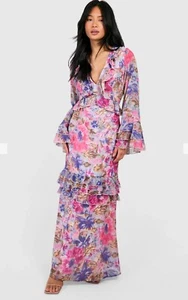 Boohoo Petite Floral Ruffle Flare Sleeve Woven Maxi Dress Size US 8 Hijabi Dress - Picture 1 of 8
