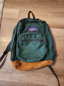 JanSport Originals Emerald Green Backpack Brown Suede Leather Bottom School TYP7