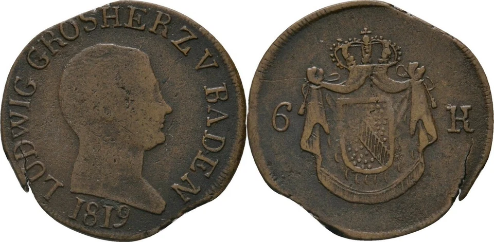 Baden 6 Kreuzer 1819 Ludwig, 1818-1830   1,9 g Original Münze #CC179 - Bild 1 von 1