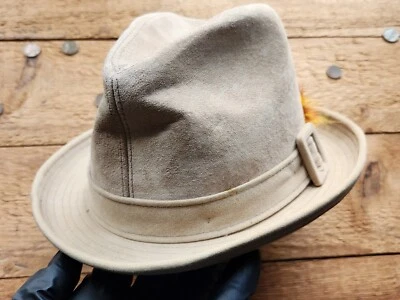 Vtg / Dobbs / Beige w/ Orange Feather / Suede / Fedora / Hat / Sz 6 7/8 - Image 1 of 4