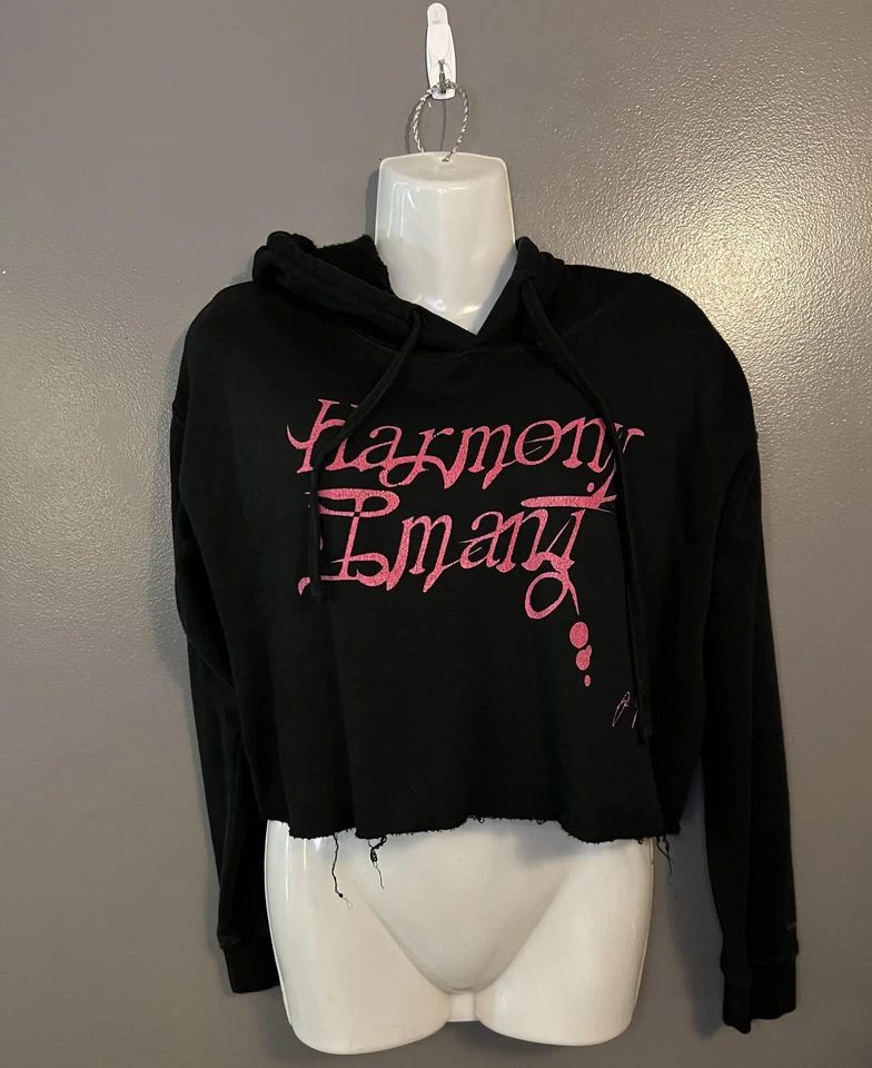 Harmony Emani Hoodie Womens Small Black Cropped Distressed Streetwear Graphic - Image 1 of 4