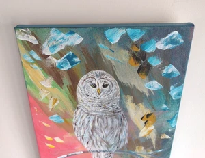 "OWL" Gift ART Acrylics on Canvas ORIGINAL Painting IMPRESSIONISM COLLECTABLE UK - Picture 1 of 7
