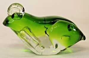 Art Glass Frog Paperweight Figure Green Glass Frog Thick Heavy Glass - Picture 1 of 9