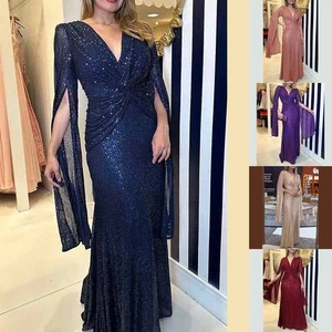 Long Sleeve Draped Sleeve Maxi Dress Women Deep V Neck Elegant Party Dress - Picture 1 of 20