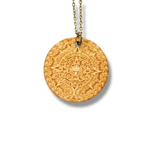 Halskette - Maya Kalender mit Bronze-, Silber- oder Goldkette - Birkenholz - Bild 1 von 11