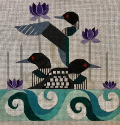 Needlepoint Handpainted Melissa Prince Loons and Lotuses 10x10 - Image 1 of 4