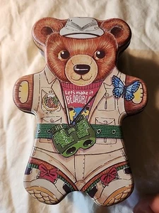VINTAGE LET'S MAKE IT BEARABLE NATURE BEAR SHAPED COOKIE TIN CANISTER 5x7" - Picture 1 of 12