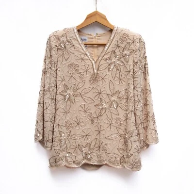 Vintage Jack Bryan Tunic Top 8 Ivory Beaded Sequined Floral Scalloped Edge - Image 1 of 4