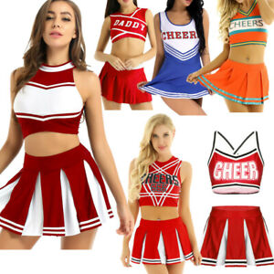 Women Girls Cheerleader Cosplay Costume Crop Top with Mini Pleated Skirt Outfits