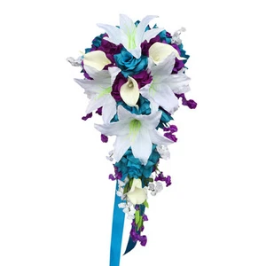 Cascade Wedding Bouquet: Malibu Turquoise, White, Purple Artificial Flowers - Picture 1 of 1