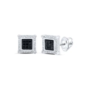 Mens Black Diamond Earrings 10K White Gold Square Box w/ Corner Diamonds 1/3 Ctw - Picture 1 of 2