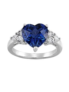 Sapphire Heart Ring Size 7 Sterling Silver with Created Blue & White Sapphire - Picture 1 of 4