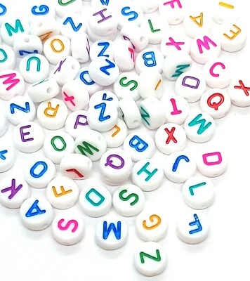 TAFFBEADS 7mm flat round white + colourful mixed & single letters acrylic alphabets beads