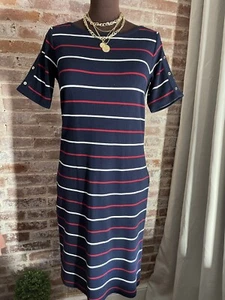 New! Talbots Short Sleeve Tee Shirt Dress Red White Blue Stripe Below Knee Small - Picture 1 of 7