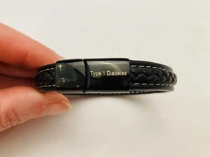 SAMPLE SALE Type 1 Diabetes Medical Alert Bracelet Black Leather Mens Unisex 418 - Picture 1 of 4