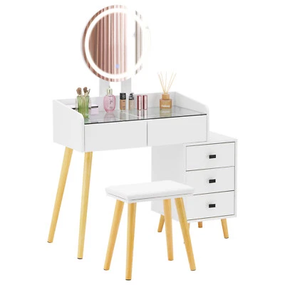 LED Mirror Dressing Table Vanity Make up Desk with 5 Drawers and Stool - Image 1 of 4