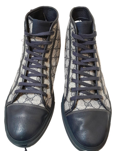 Sneakers alte Gucci beige blu GG Supreme in tela e pelle con punta a cappuccio